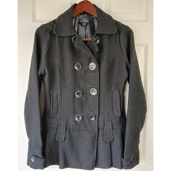 Iris Basic Black Double Breasted Peacoat Juniors M Repaired Vintage Y2K skirted - Picture 1 of 16